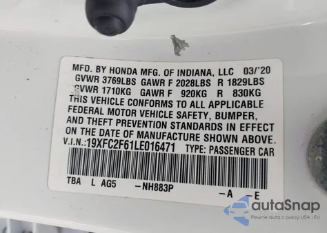 2020 Honda Civic Lx из США, поврежденный, VIN 19XFC2F61LE016471